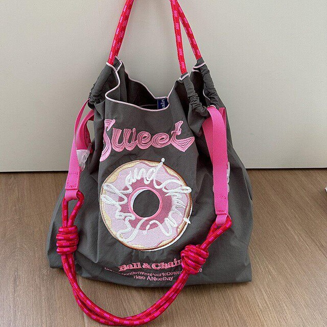 One-shoulder crossbody women's bag shopping bag donut embroidered nylon new tote bag lightweight large capacity daily