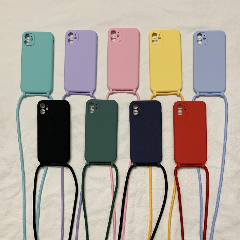 ins Liquid Silicone Solid Color Lanyard Strap Case for iPhone 17, Suitable for iPhone 15, 16 Pro Max, 12 Crossbody, 13 Couple, 11 Xr/8 Plus, Personalized Se Full Coverage Mini Anti-Drop Max