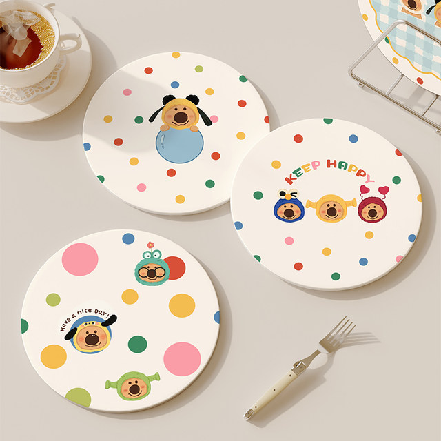Cute cartoon dining table placemat ceramic mat heat insulation mat water absorption teacoon mat anti-scalding high temperature casserole dining tray mat
