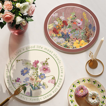 Light luxury oil painting flower anti-scalding and high temperature resistance ceramic insulation pad dining table placemat absorbent tea cup pad bowl pad kitchen household use