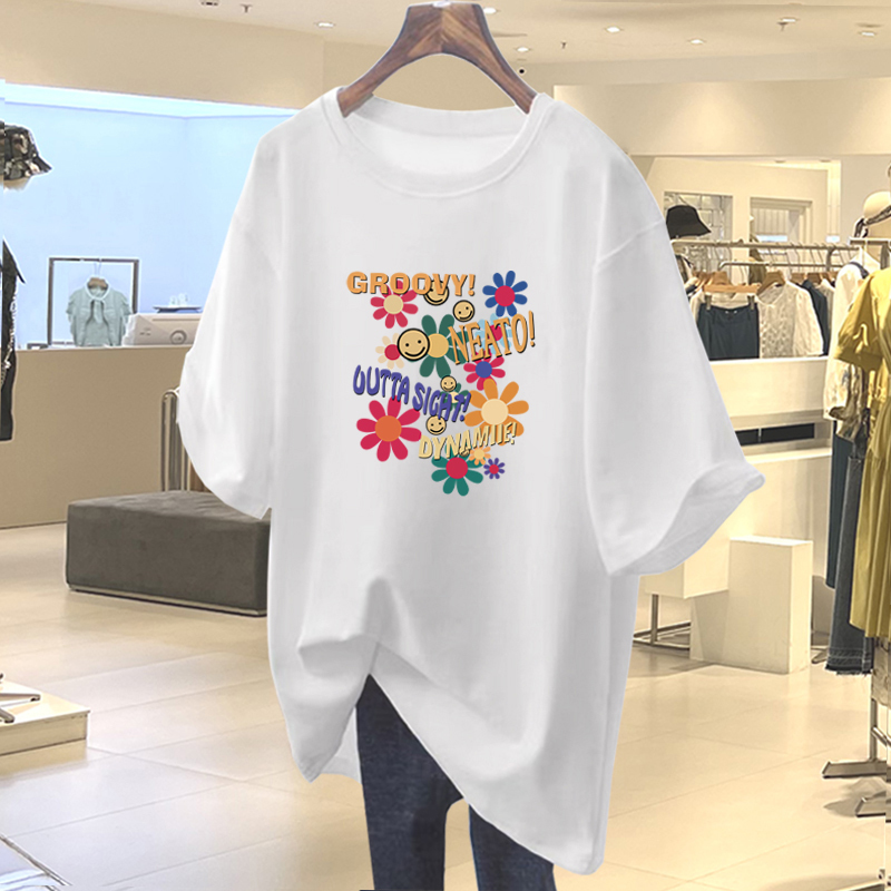 2026 New Pure Cotton Short-Sleeved T-Shirt for Women, Loose Casual Mid-Length Style with Shark Pants, Plus Size White Top for Summer