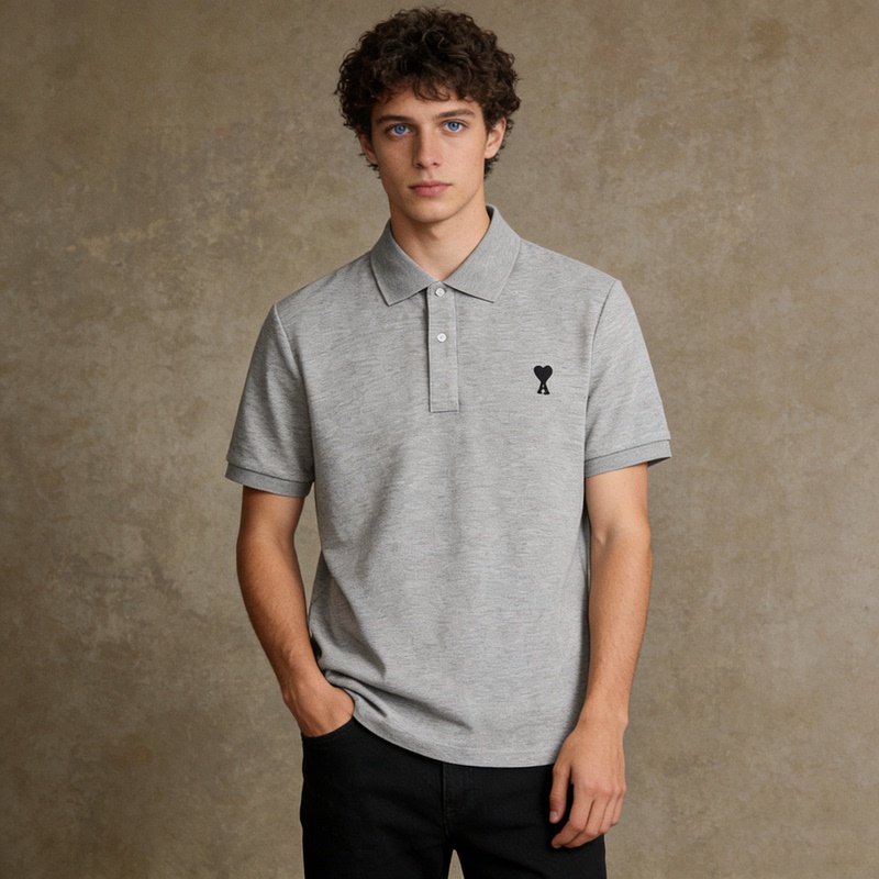 Ami Short-Sleeved Polo Shirt, Simple and Versatile, with Small Heart Print, Comfortable and Breathable Pure Cotton Shirt for Spring and Summer