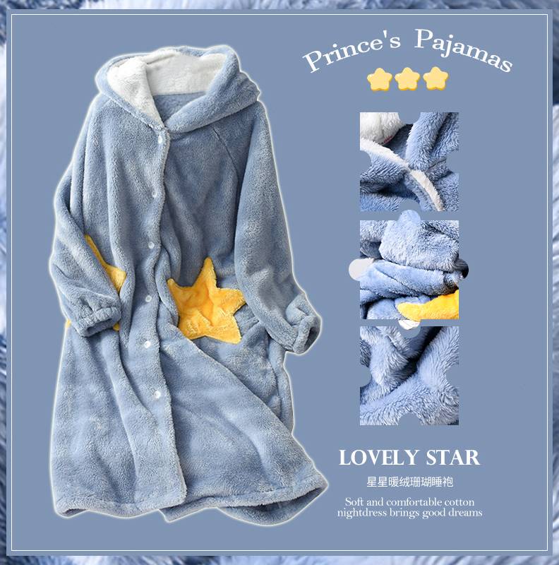 Coral Fleece Pajamas for Women, Autumn and Winter, Solid Color, Trendy, Fleece-Lined, Thickened, Warm, Loose-Fitting Women's Robe, Can Be Worn Outside, Loungewear