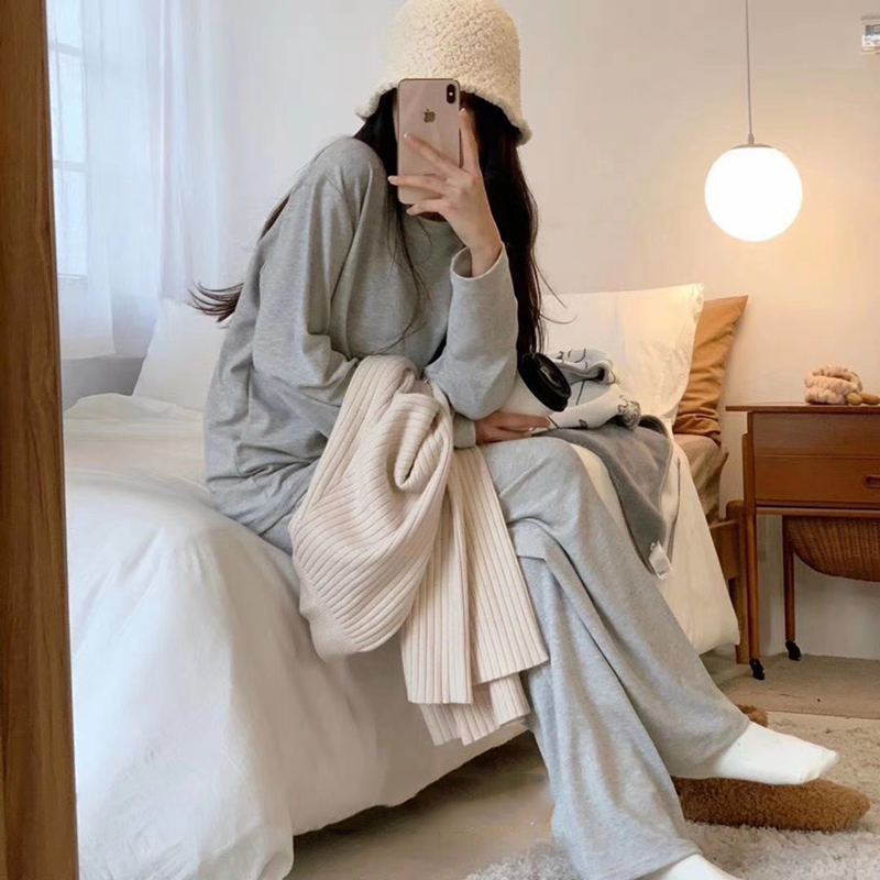 High-End Pajamas for Women, Long-Sleeved Pants, Korean Style, Simple, Loose, Casual, Gray, Girl's Home Wear, Can Be Worn Outside, Set