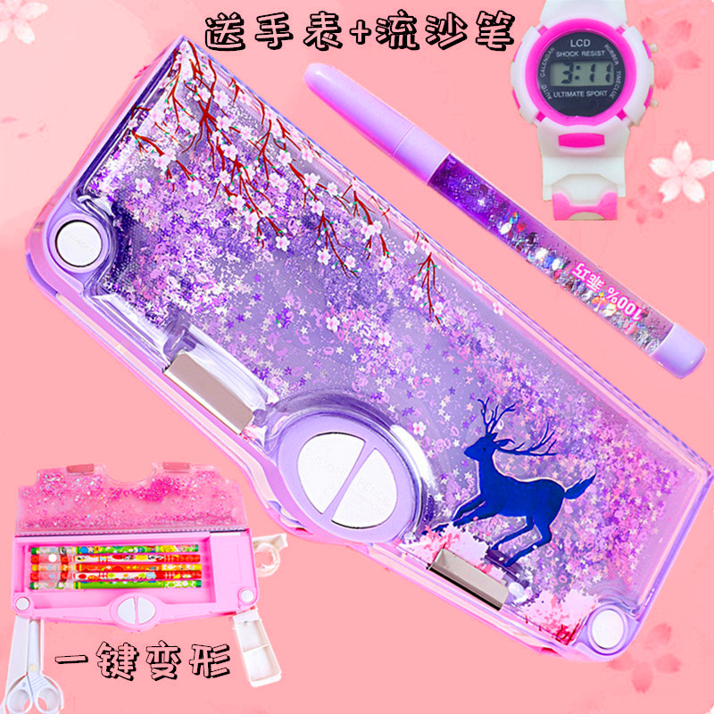 Trembling with the same net red streaming sand pencil case lead pencil case Creative ins Chater Teenage Boy Purple Cute Children Nursery School Bully Multifunction Cherry Blossom Cylindrical Princess Plastic First Grade