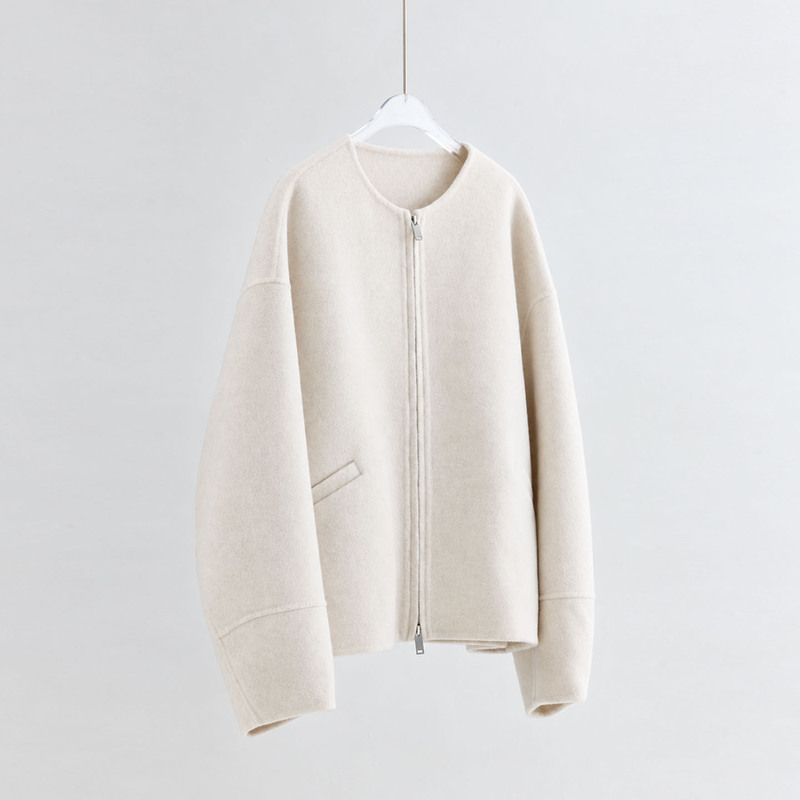 Round Neck Double-Ended Zipper Alpaca Wool Short Coat for Women, Autumn and Winter Oversized Jacket, White, Plus Size