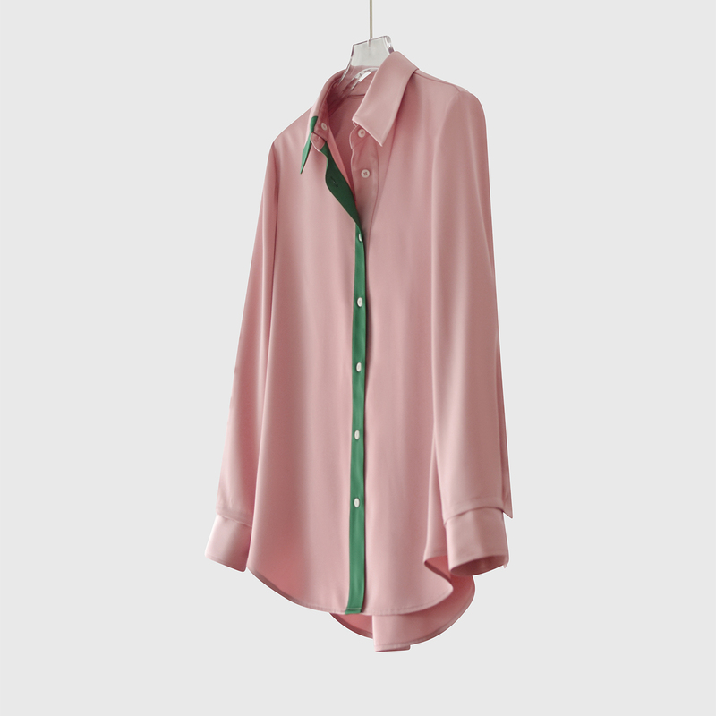 Sold Out, No Restock. Dopamine Detachable Collar Heavyweight 100% Real Silk Mulberry Silk Shirt for Women, Spring/Summer, Pink with Green C