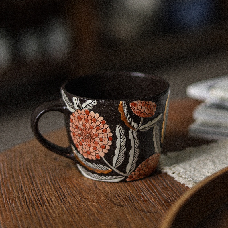 Coolbanana Handmade Black Pottery Carved Underglaze Color Oat Milk Coffee Breakfast Couple Mug Handle Cup Coolbanana Handmade Black Pottery Carved Underglaze Color Oat Milk Coffee Breakfast Couple Mug Handle Cup