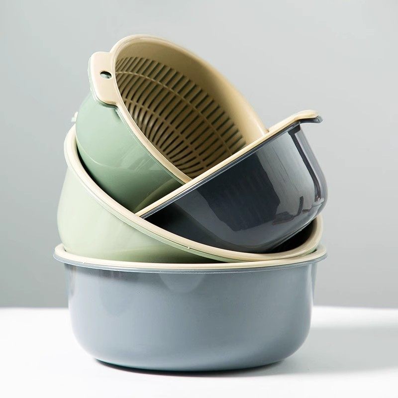 Kitchen Double-Layer Vegetable Washing Basin with Bowl and Chopsticks Draining Basket, Multifunctional Plastic Round Vegetable Washing Basin, Household Vegetable Washing Basket for Fruits