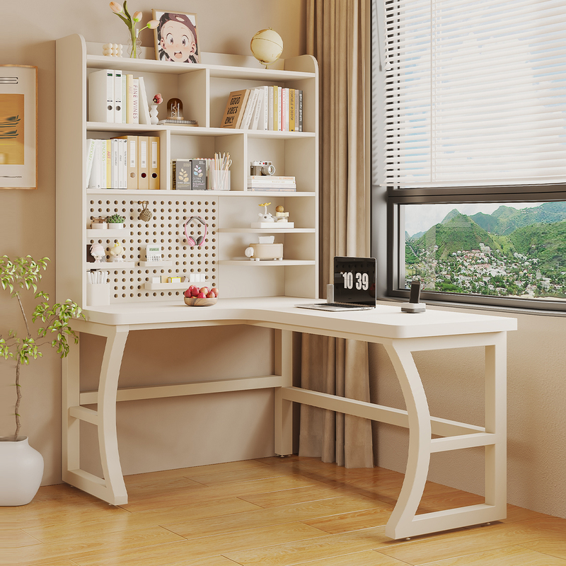 Practical Wooden Corner Desk with Integrated Bookshelf for Home Use, Bedroom, Student Study, Writing Desk, Pegboard Desktop Office Desk