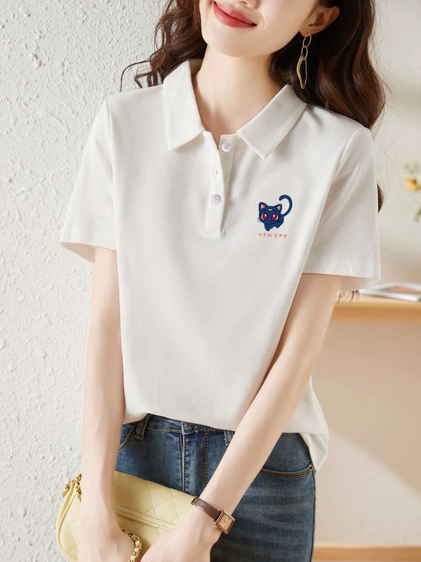 Pure Cotton Turn-Down Collar Short-Sleeve T-Shirt for Women, 2026 New Loose-Fitting Korean Style Versatile Polo Collar Top, Trendy ins