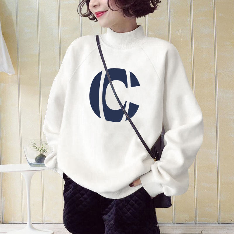 レディース ホワイト ハイネック スウェットシャツ フリース裏地付き、2026年新ヨーロピアンスタイル、ゆったりフィット、レタープリント、インナーレイヤーベースレイヤー