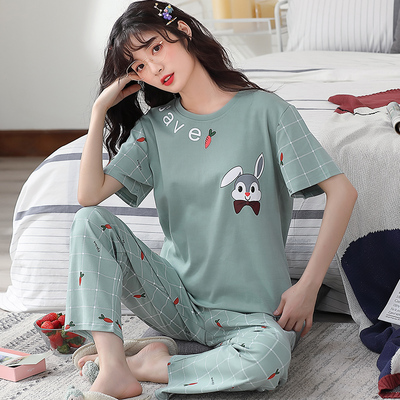 睡衣女新款夏季薄款纯棉套装夏天简约可爱韩系短袖长裤宽松家居服