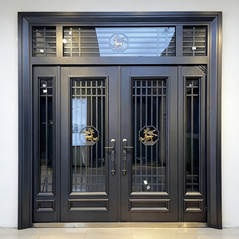 Zinc Alloy Villa Double-Door Entrance Door, Rural Entry Door, Tempered Glass Door, Rural Self-Built House Entrance Door