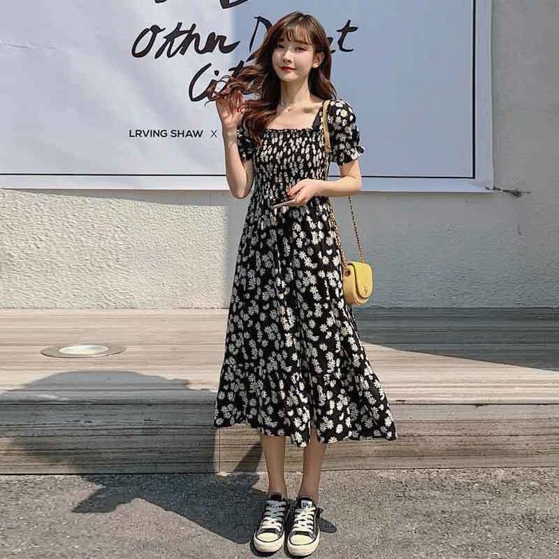 Plus Size Women's Short-Sleeved New Summer Fat mm Versatile Belly-Covering Slimming Look Western Style Daisy Floral 100kg Dress