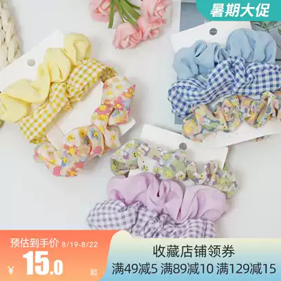 Wanning 3 packs of small fresh plaid solid color floral hair ring Wild hair ring Japanese college wind hair ring female