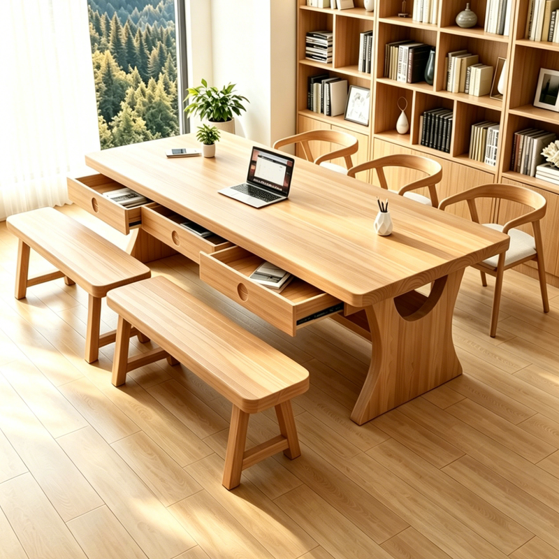 Solid Wood Long Desk for Living Room, Study Table with Drawers, Natural Wood Style, Multi-Person Workbench, Reading Long Table
