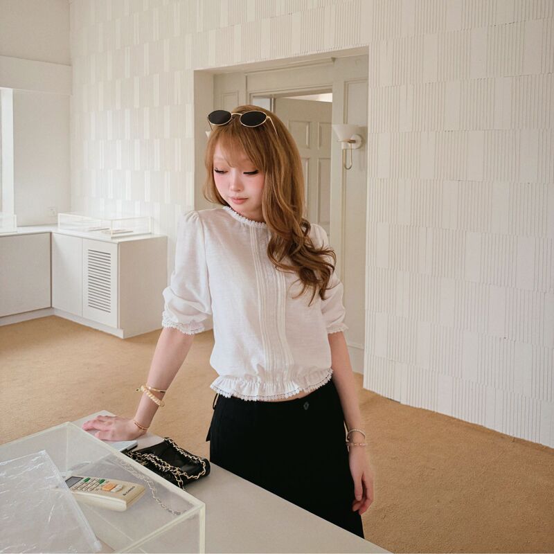 Egg ·【80% Cotton, 20% Linen】Lace Round Neck, Mid-Sleeve, Short, Striped French Casual Top