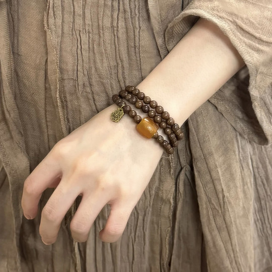 Natural golden sandalwood with old agate three-circle style new Chinese style Buddha beads and inscriptions for girls bracelet bracelet accessories