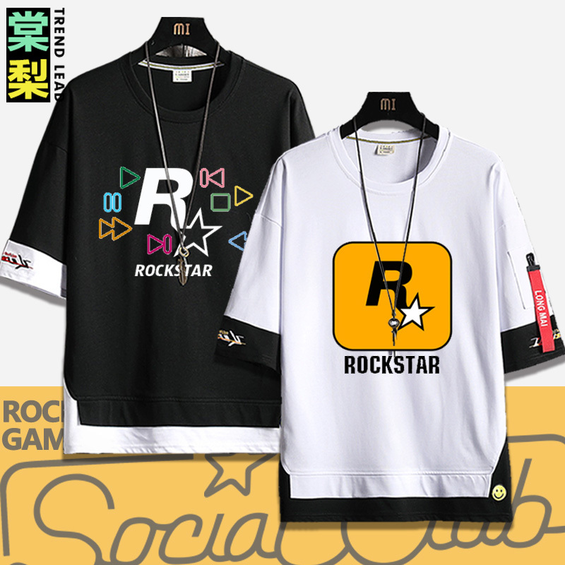 Gta Game 5 Company Rockstar Video Game Trendy Brand Pure Cotton Short-Sleeve Versatile T-Shirt Men's Fake Two-Piece Half-Sleeve Summer Gta Game 5 Company Rockstar Video Game Trendy Brand Pure Cotton Short-Sleeve Versatile T-Shirt Men's Fake Two-Piece Half-Sleeve Summer