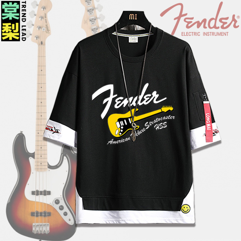 Fender Guitar Bass Instrument Fender Jazz Rock Music Band Short-Sleeved T-Shirt Pure Cotton Trendy Brand Men's Clothing