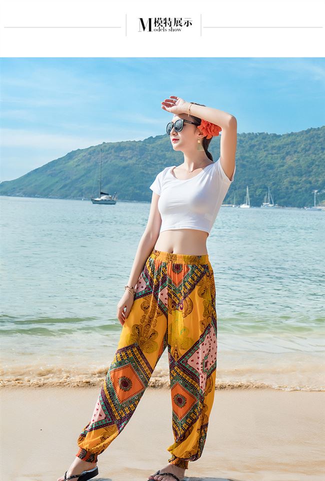 In quần dài đi biển Bohemia nữ người dân tộc Bali áo cánh rời quần harem phù hợp với lụa cotton - Quần bãi biển
