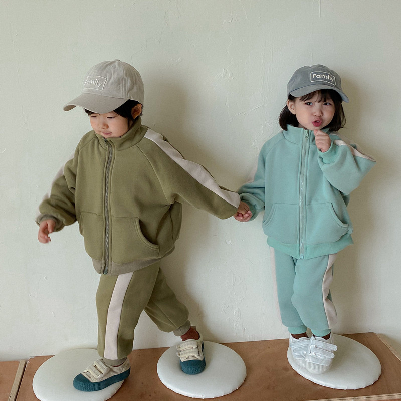 Children's weavewear plus suede thickened boy suit outside wearing Korean version casual girl sport Two suits Ocean Pie Double Tide