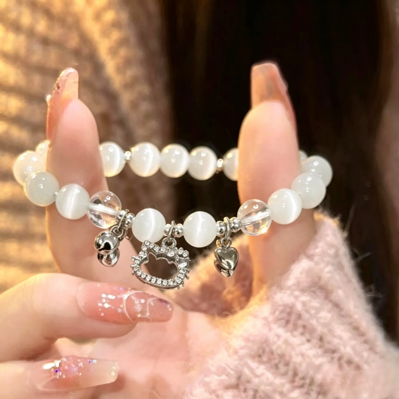 Hellokitty Imitation Crystal White Beaded Bracelet for Men and Women, Couple Style Gift Jewelry, Niche, Personalized, High-End Feel