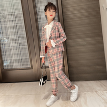 Girl suit suit spring and autumn 2021 new children Korean version of fried Street Primary School students Foreign style plaid suit three sets