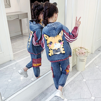 Girl autumn denim suit 2021 new middle and big child Korean version of net red clothes girl domineering spring and autumn two pieces