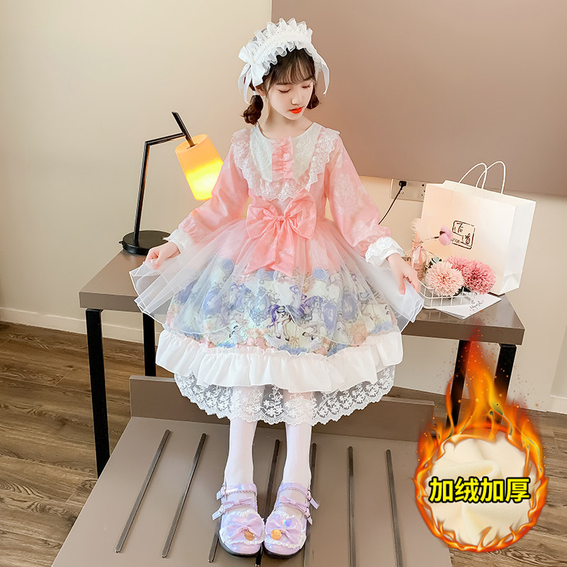 Girls dress fall/winter children's skirt lolita foreign girl plus velvet lolita genuine full princess dress