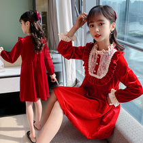 Girl dress autumn 2021 new childrens golden velvet long sleeve skirt foreign style Middle Child Net red princess dress
