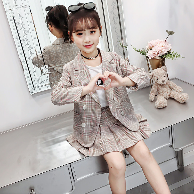 Girl Western-style Suit Girl Foreign Pie Trendy CUHK Child Korean Version Walking Show Suit Spring Autumn Plexu Dress Two Sets