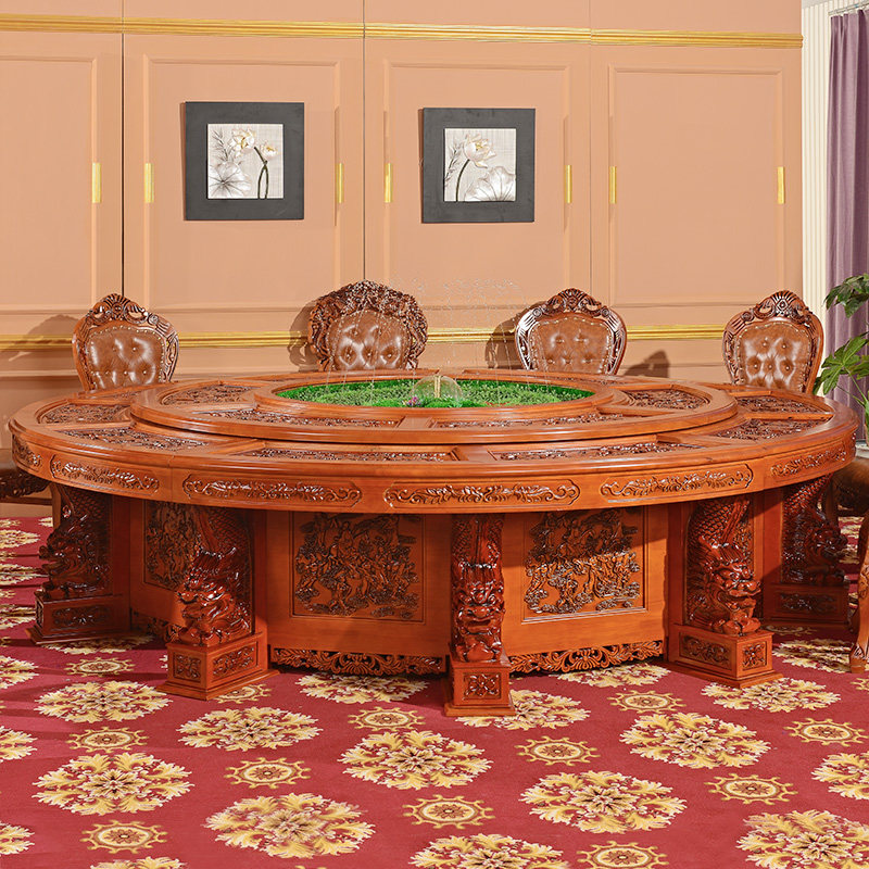 Kubit luxury club private room large round table Chinese solid wood carving electric dining table antique hotel dining table - Taobao