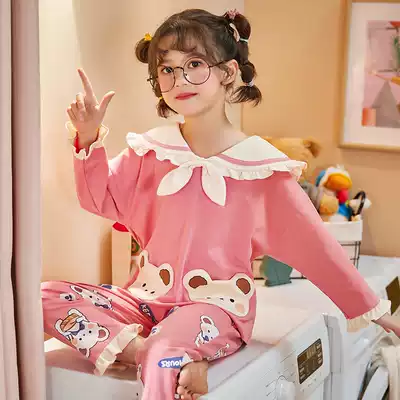 Girls pajamas cotton long sleeve children Princess middle child suit mother women cotton girl thin spring summer