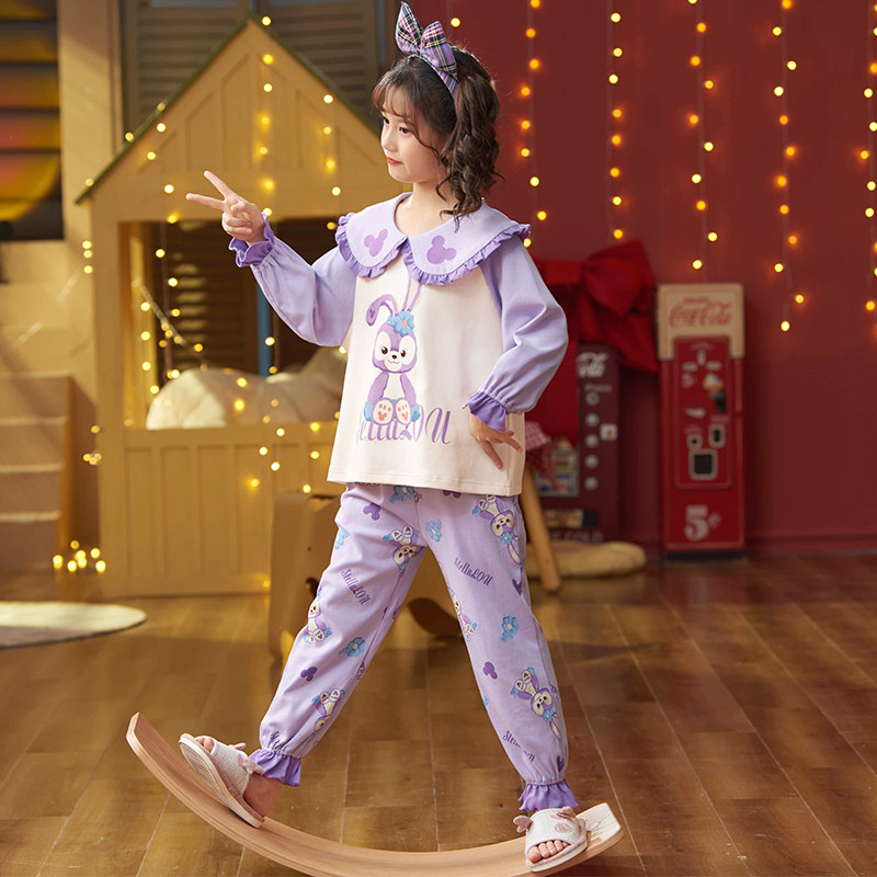 Spring Autumn Girl Sleepwear Long Sleeve Pure Cotton Child Thin child Princess Girl Child Princess 15 The Big Boy's Home Residence Suit Summer