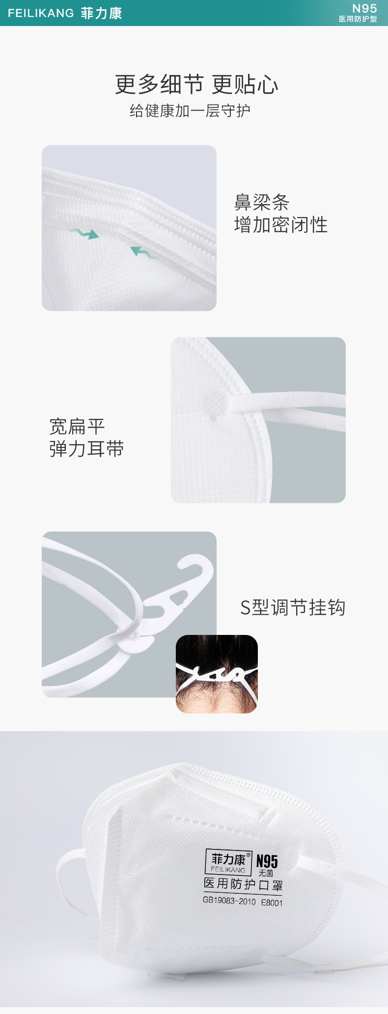 菲力康 医疗级别 N95一次性口罩 10只 图4