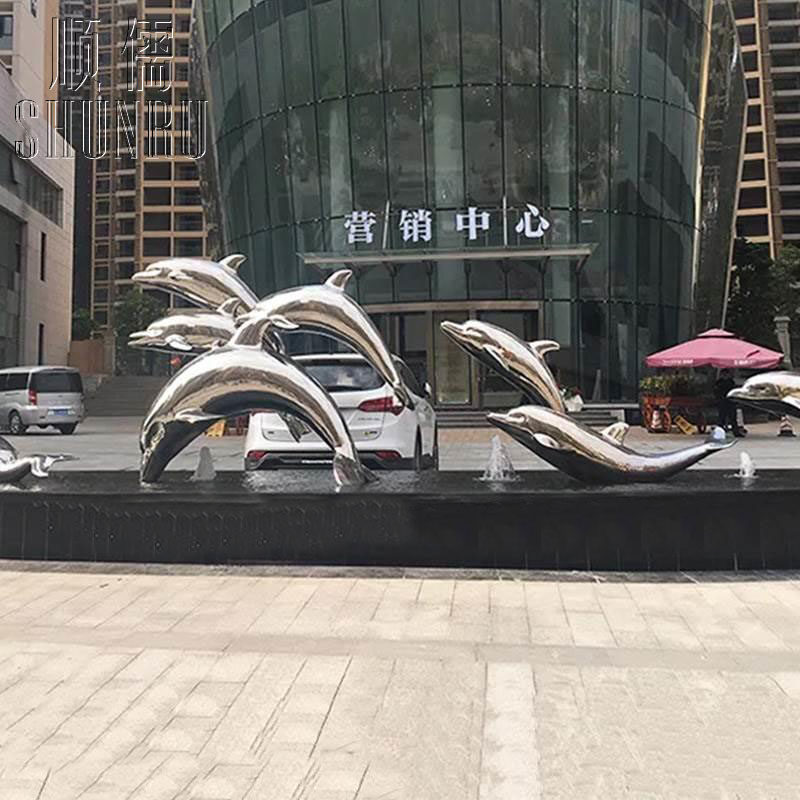 Stainless Steel Dolphin Sculpture Marine Pavilion Mirror Animal Decoration Living Room Minima Real Estate Pure Handmade Floor Pendulum