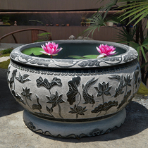 Stone carving fish tank Chinese green stone flower pot imitation ancient courtyard garden Balcony Raised Fish Pond Stone Trough Round Vat Outdoor Stone Sink