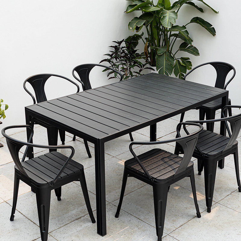 Outdoor plastic wood tables and chairs simple leisure wrought iron furniture garden courtyard antiseptic wood outdoor open-air umbrella combination