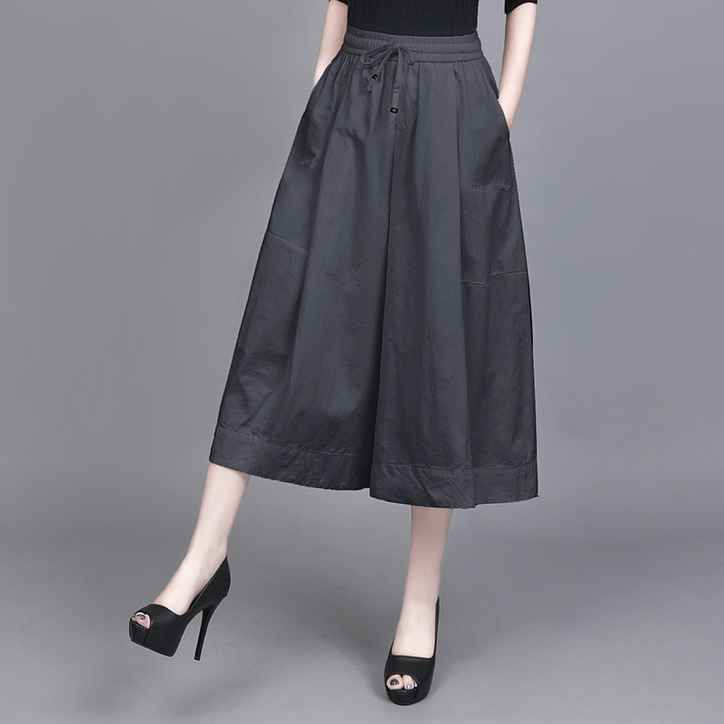 Stylish and Unique Elastic Waist Loose Gray Wide-Leg Pants for Women, Summer Cropped Pants, Elegant Skirt-Pants, Casual Pants