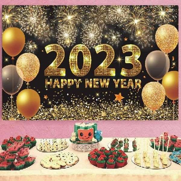 Happy New Year Backdrop for 2023 Glitter Fireworks Balloons -