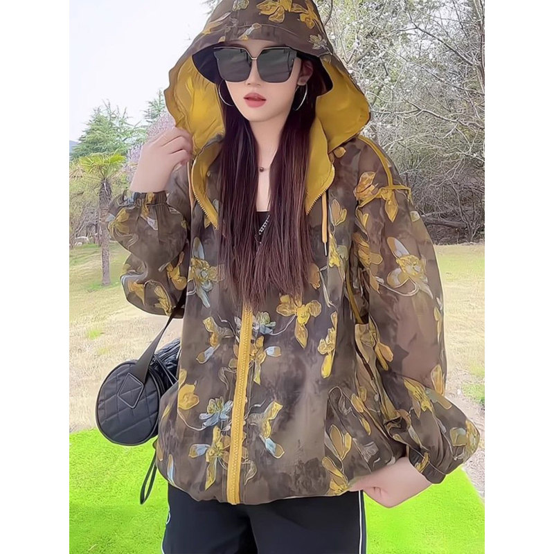 2025 Summer New Fashion Printed Hooded Outdoor Travel Sun Protection Clothing for Women Loose Casual Zipper Thin Jacket