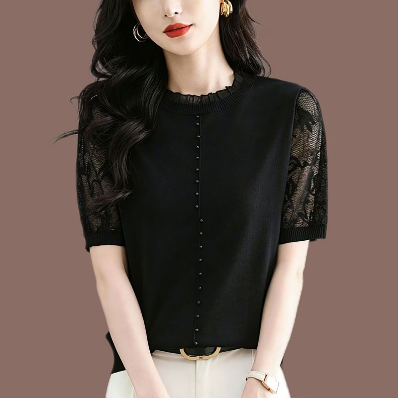Trendy and Youthful Lace Short-Sleeve Knit Top for Women, Summer 2026 New Style, Elegant, Loose-Fitting, Slimming, Versatile Top Trendy and Youthful Lace Short-Sleeve Knit Top for Women, Summer 2026 New Style, Elegant, Loose-Fitting, Slimming, Versatile Top