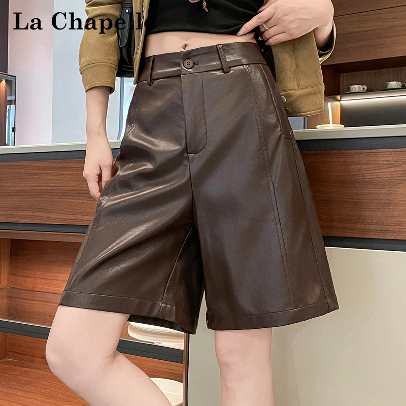 La Chapelle Autumn and Winter Warm Leather Pants, Women's Mid-Length Pants, Straight-Leg Sheepskin Boot Pants, Wide-Leg Brown Thick Shorts