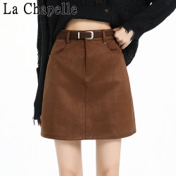 La Chapelle Melard Coffee-Colored Suede Skirt for Women, Autumn and Winter, Anti-Exposure, High-Waisted A-Line Bodycon Mini Skirt