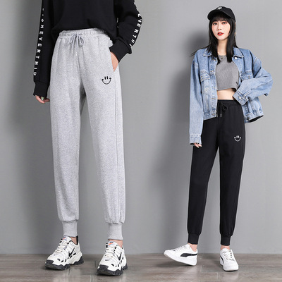 女士春季高腰卫裤笑脸刺绣针织休闲运动裤子