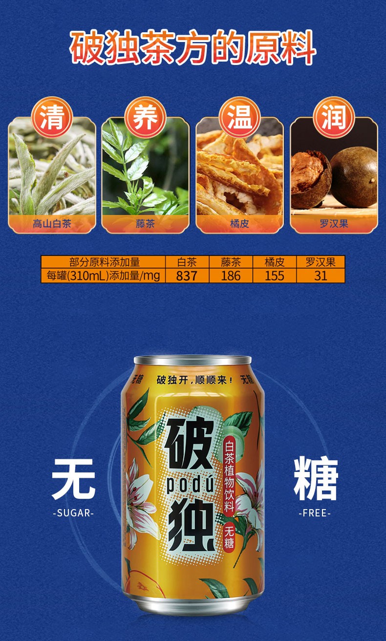 破独  0糖0脂 白茶无糖饮料310mL*12罐 图4