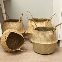 Nordic seaweed flower basket hand-woven basket ins style home living room green plant straw woven rattan flower pot decoration