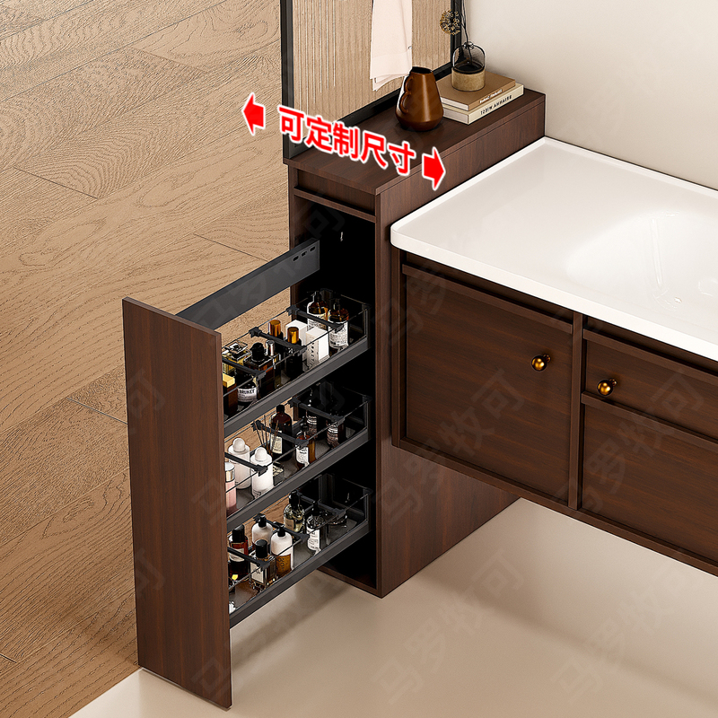 Walnut Bathroom Half-Wall Pull-Out Basket, Extremely Narrow Bathroom Cabinet Side-Mounted Pull-Out Basket, Drawer-Type Side Cabinet, Dry Area Storage Partition